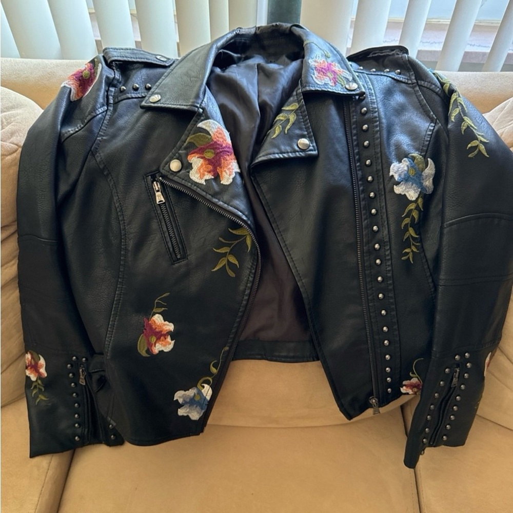 Floral Embroidered Black Faux Leather Jacket